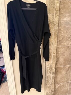 Black Wrap Knit Long Sleeve Dress with Self Tie -